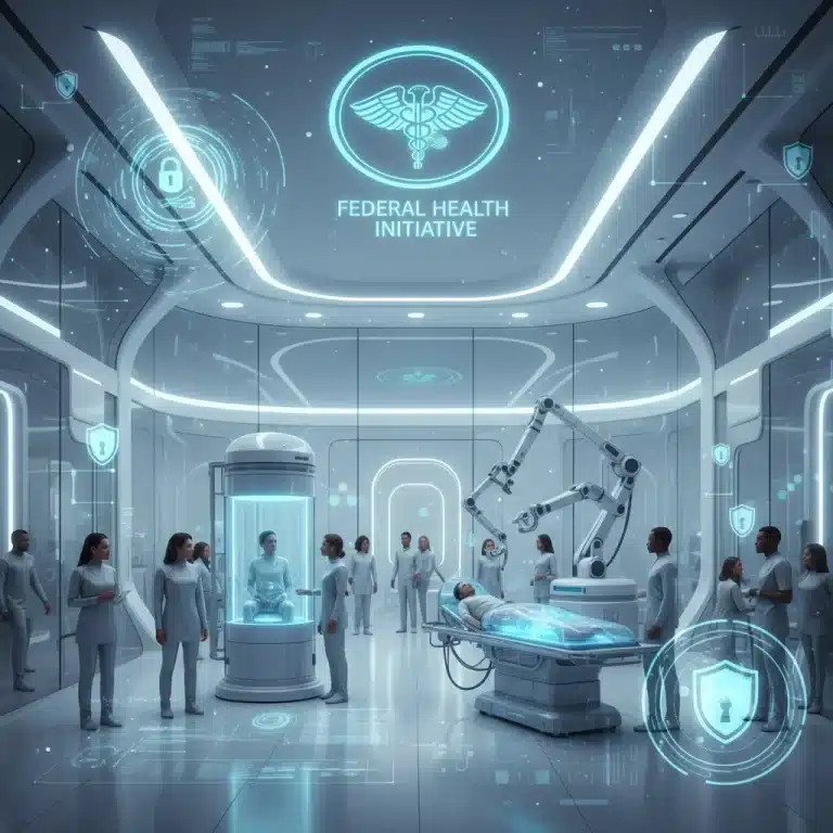 Futuristic medical technology devices under federal regulatory spotlight, symbolizing 2026 procurement changes.