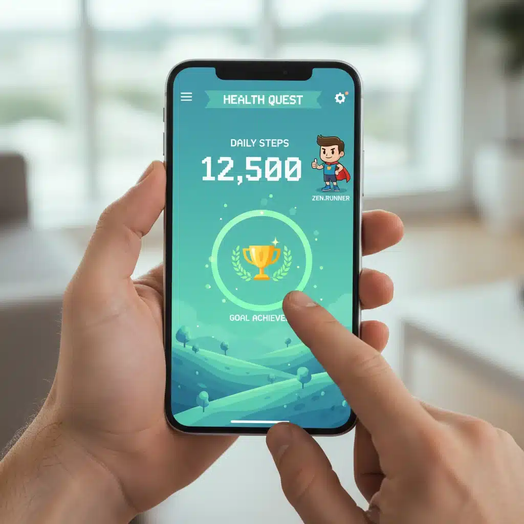 Smartphone displaying a gamified health app with progress, rewards, and an avatar.