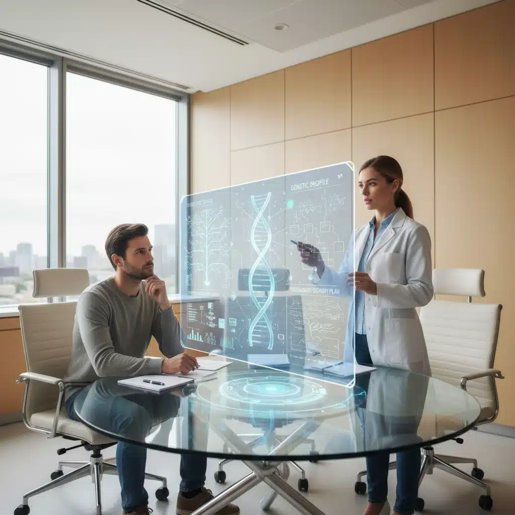 Doctor and patient discuss genetic profile on holographic display
