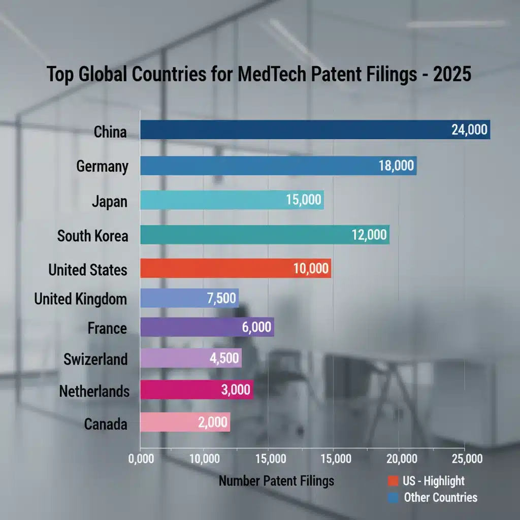 Bar chart showing global MedTech patent filings by country, US ranked 5th.