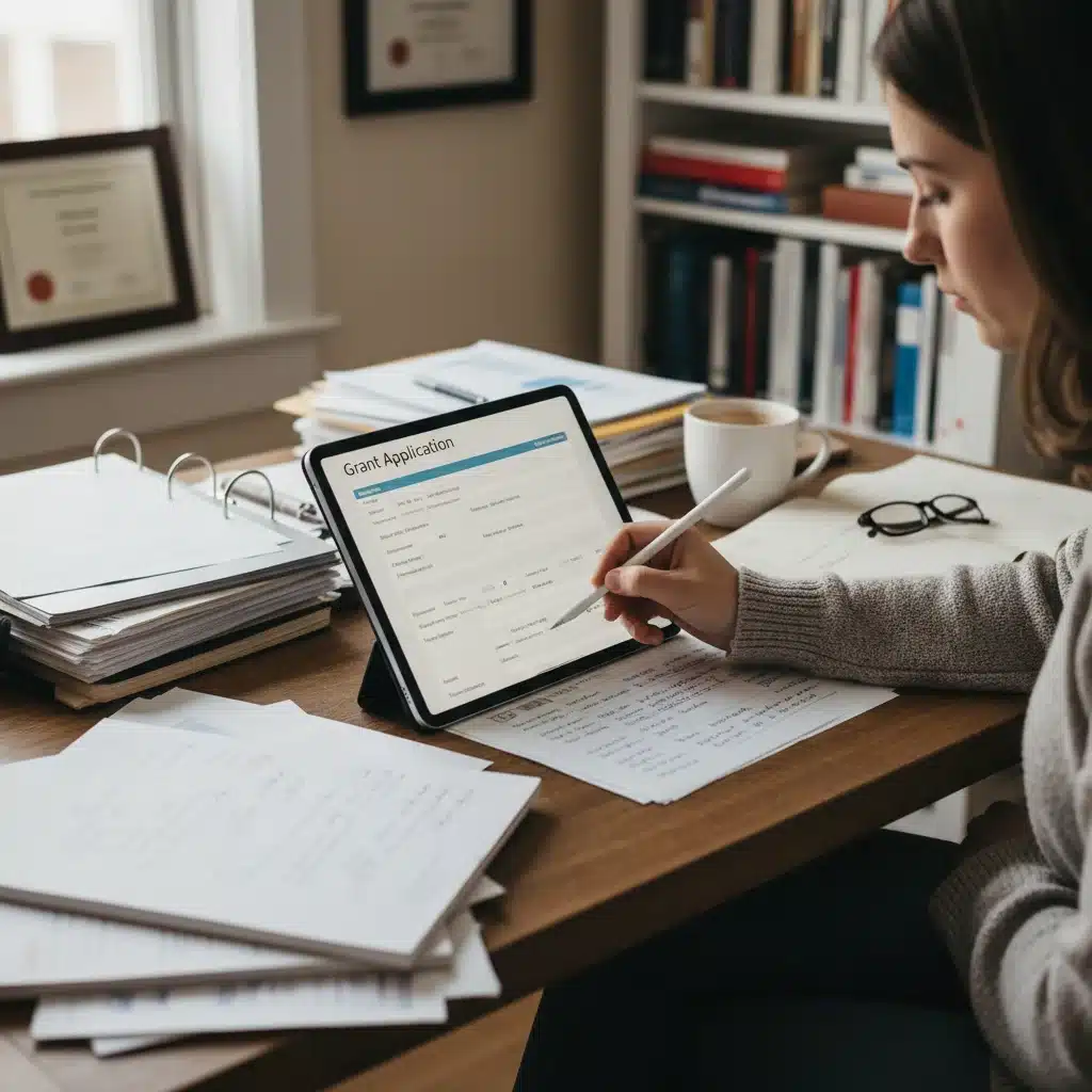 Person carefully completing a federal grant application form