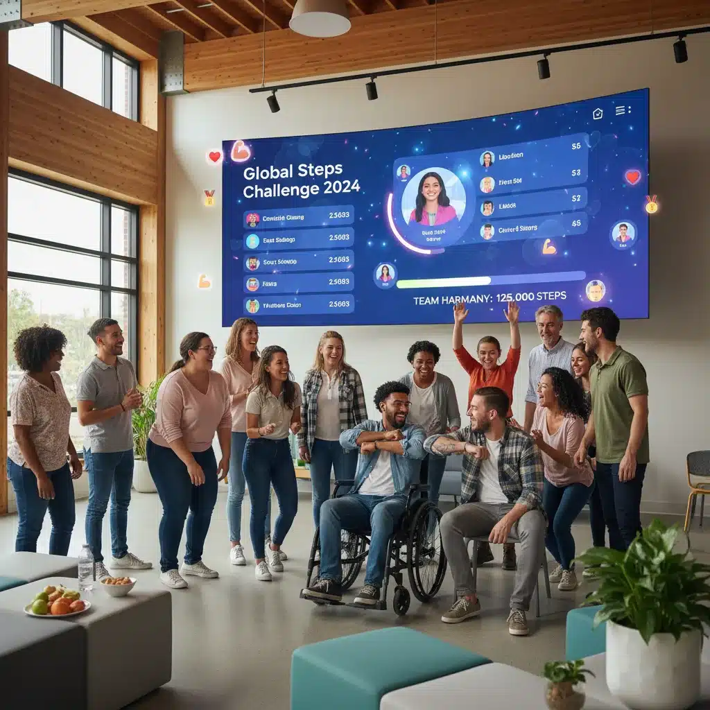 Diverse group participating in a virtual gamified wellness challenge, fostering community and competition.