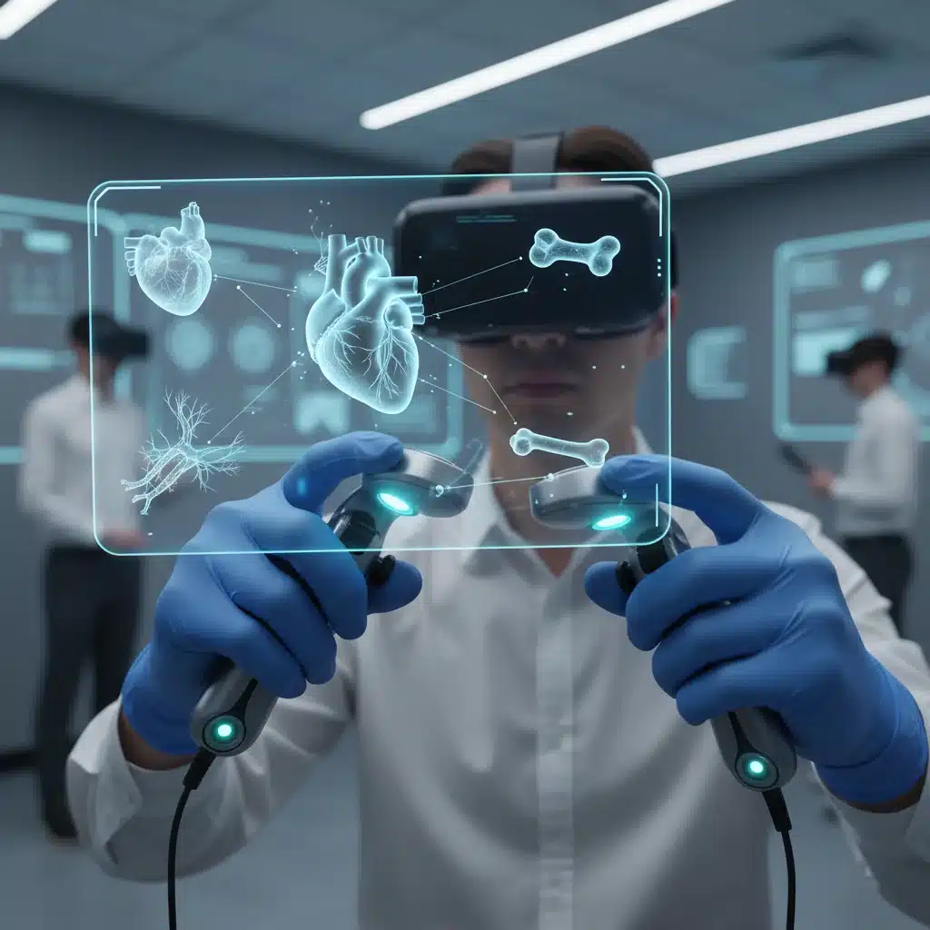 Medical student performing virtual surgery with haptic feedback.
