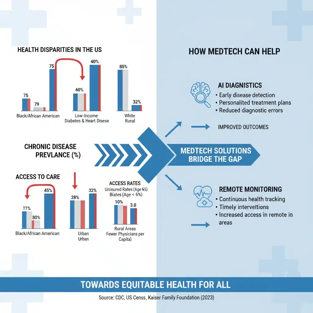 Infographic showing health disparities and MedTech solutions.