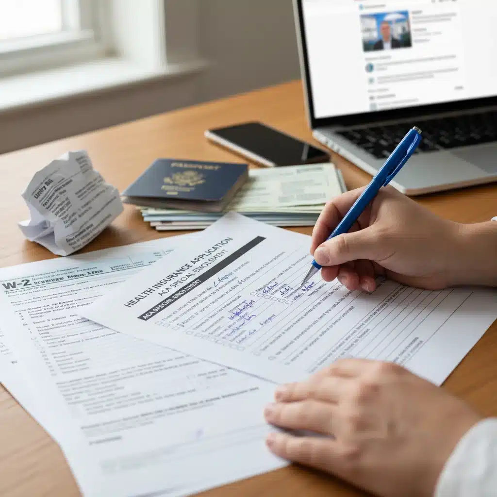 Hand filling out a health insurance application form with supporting documents.