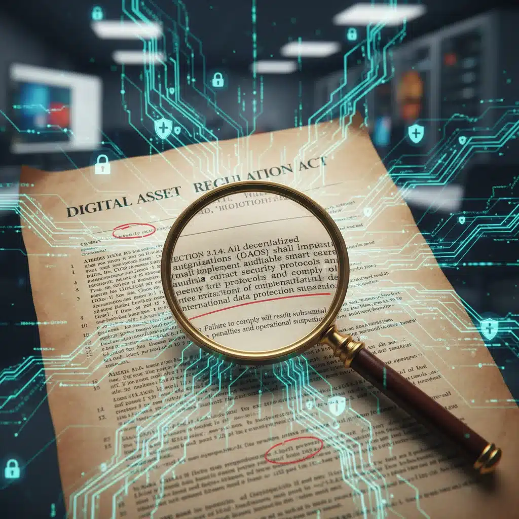 Regulatory documents and magnifying glass representing health tech compliance.