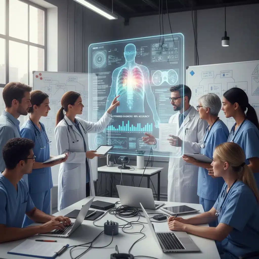 Healthcare team collaborating on AI diagnostic results