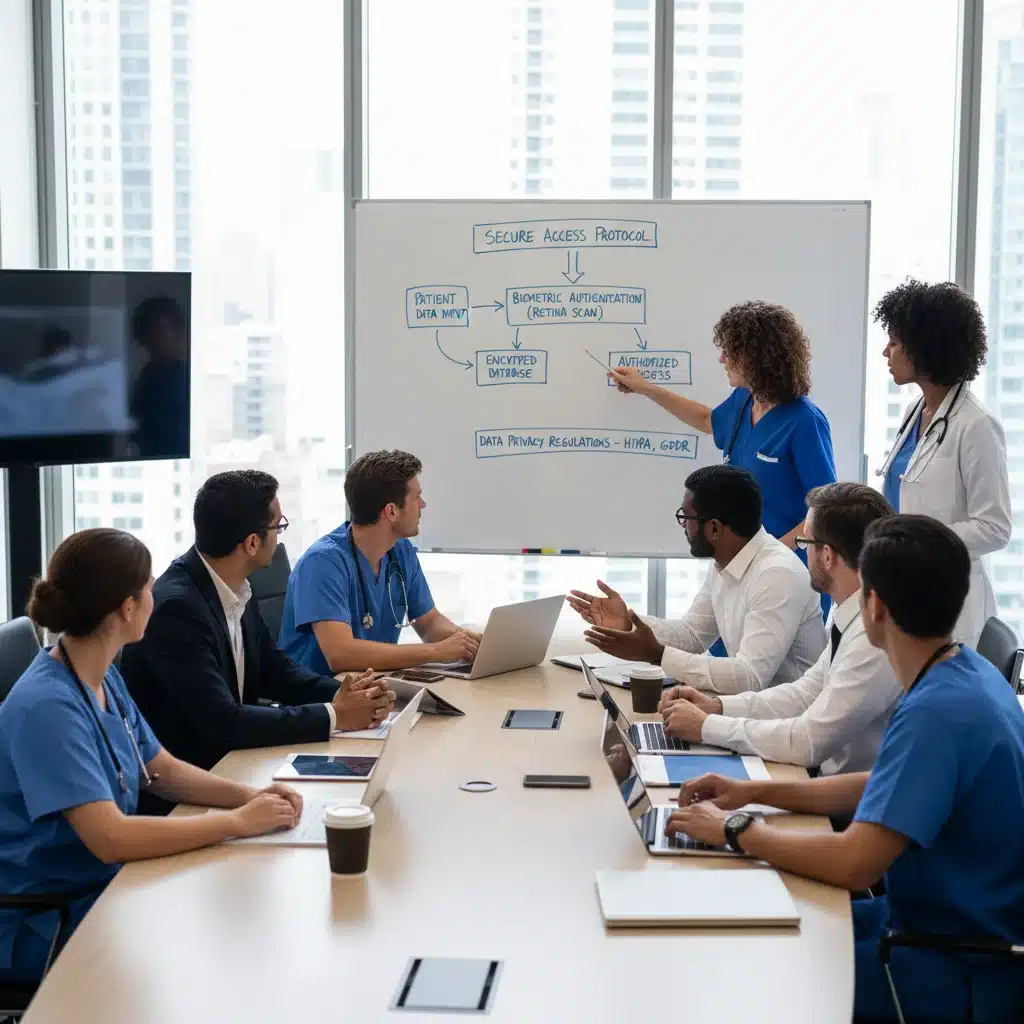 Healthcare professionals discussing biometric security implementation and data privacy