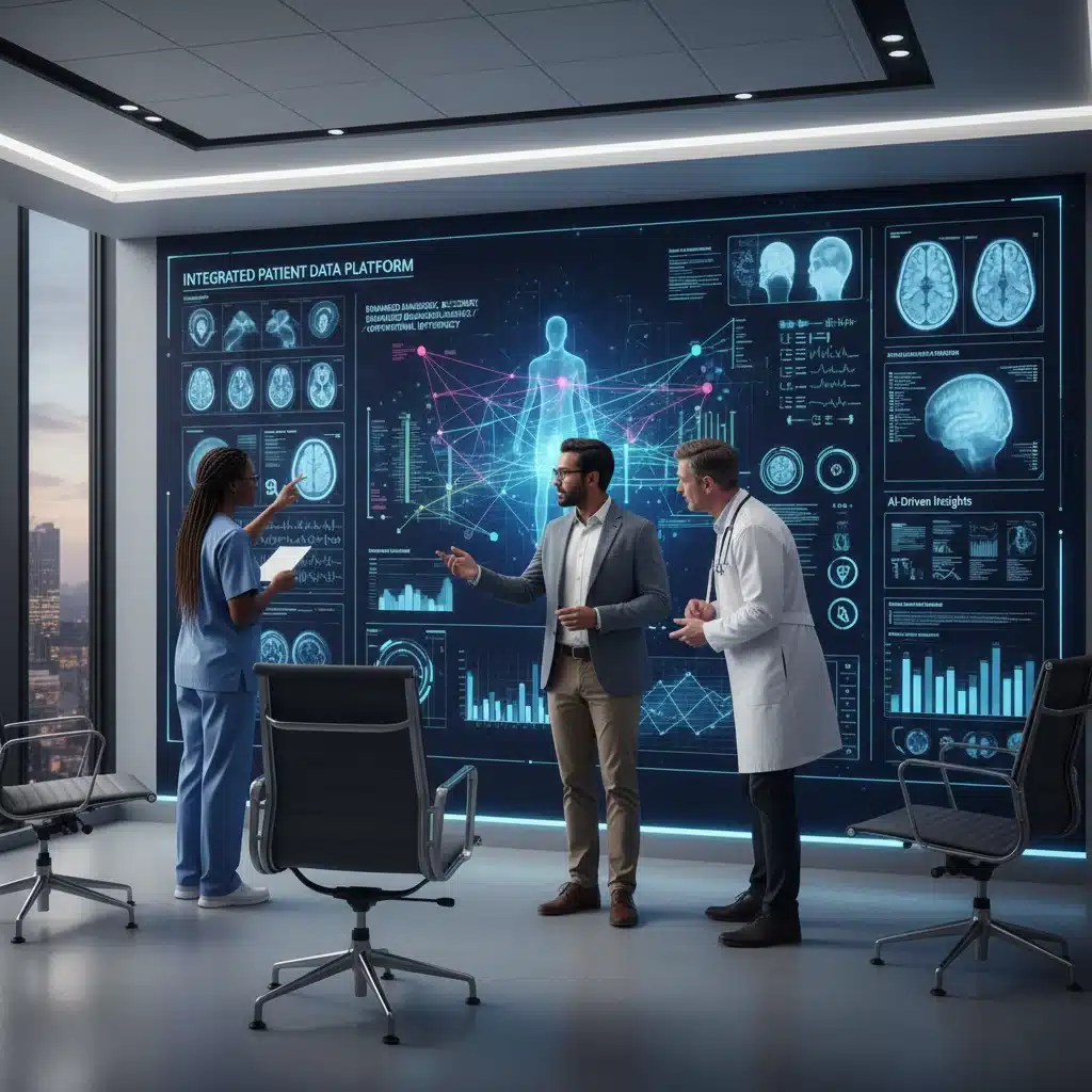 Healthcare team collaborating with AI-driven diagnostic insights on a large screen