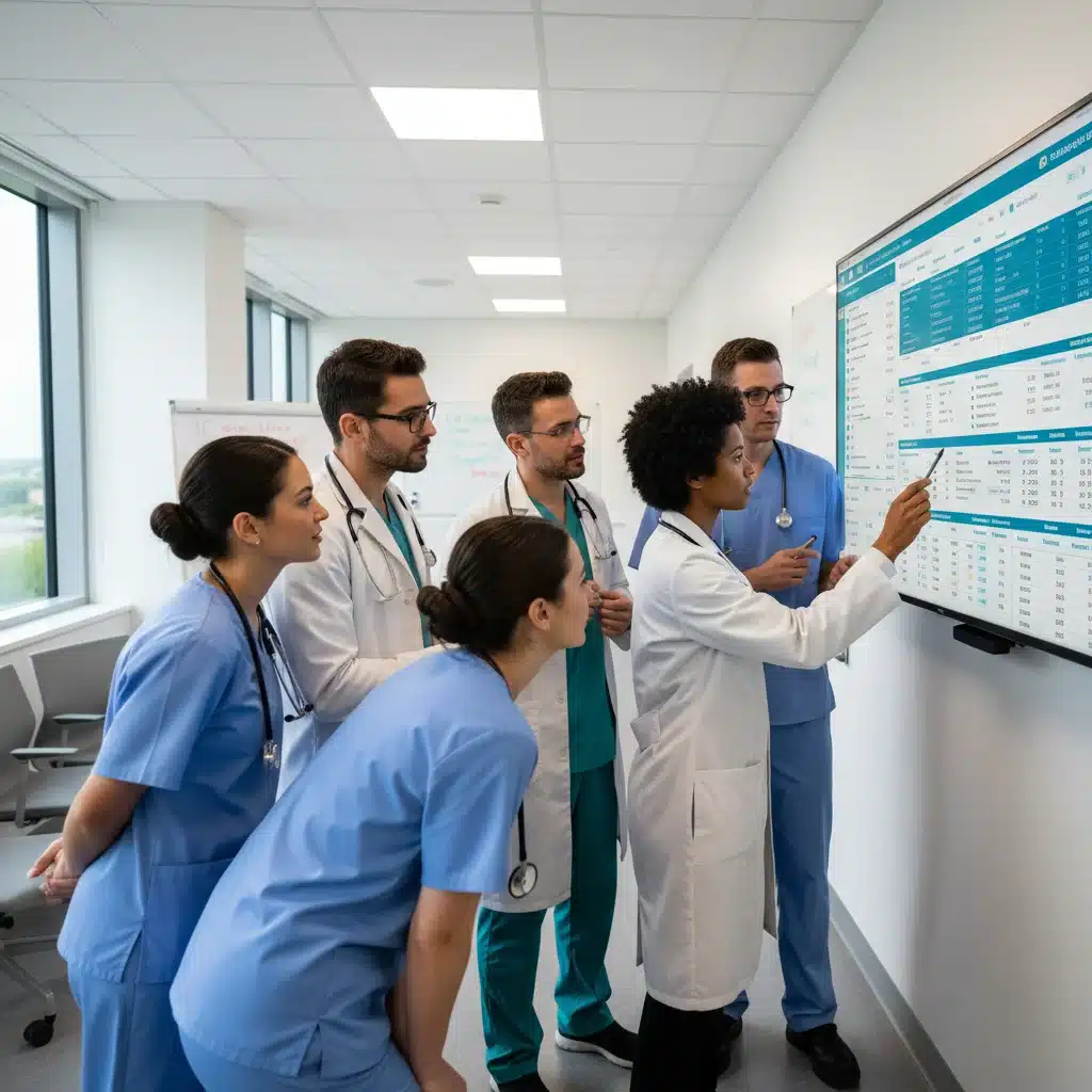 Healthcare professionals collaborating around an EHR system, discussing patient data.