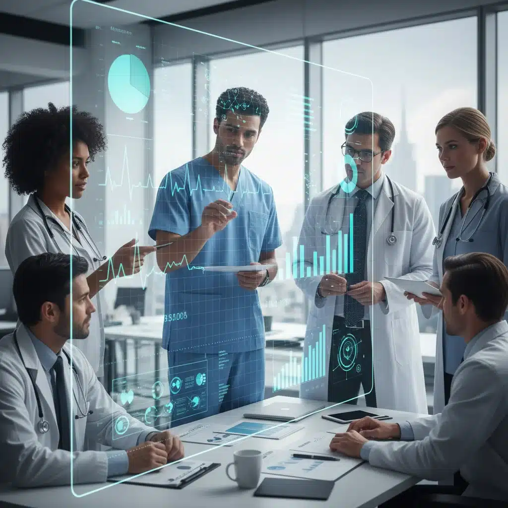 Healthcare team analyzing unified patient data on a large screen