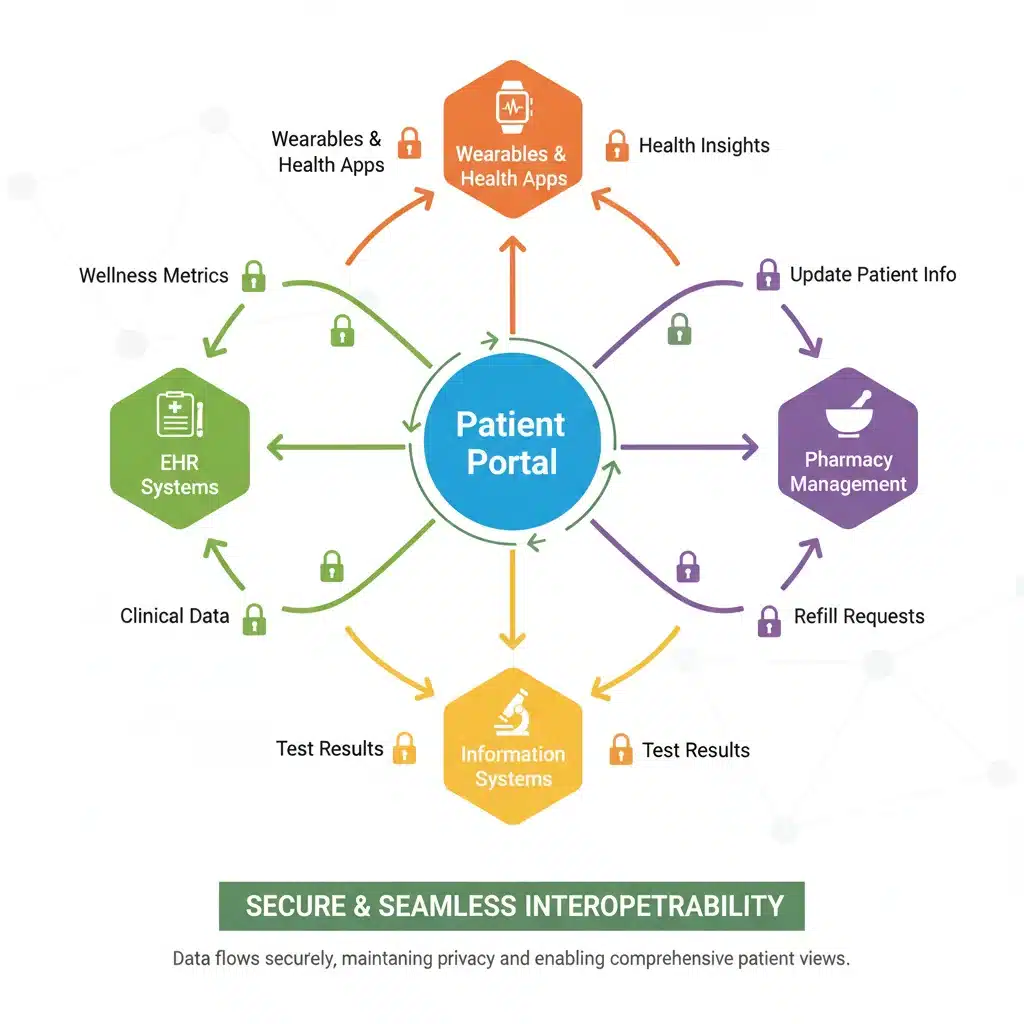 Infographic showing seamless data flow between healthcare systems and patient portal