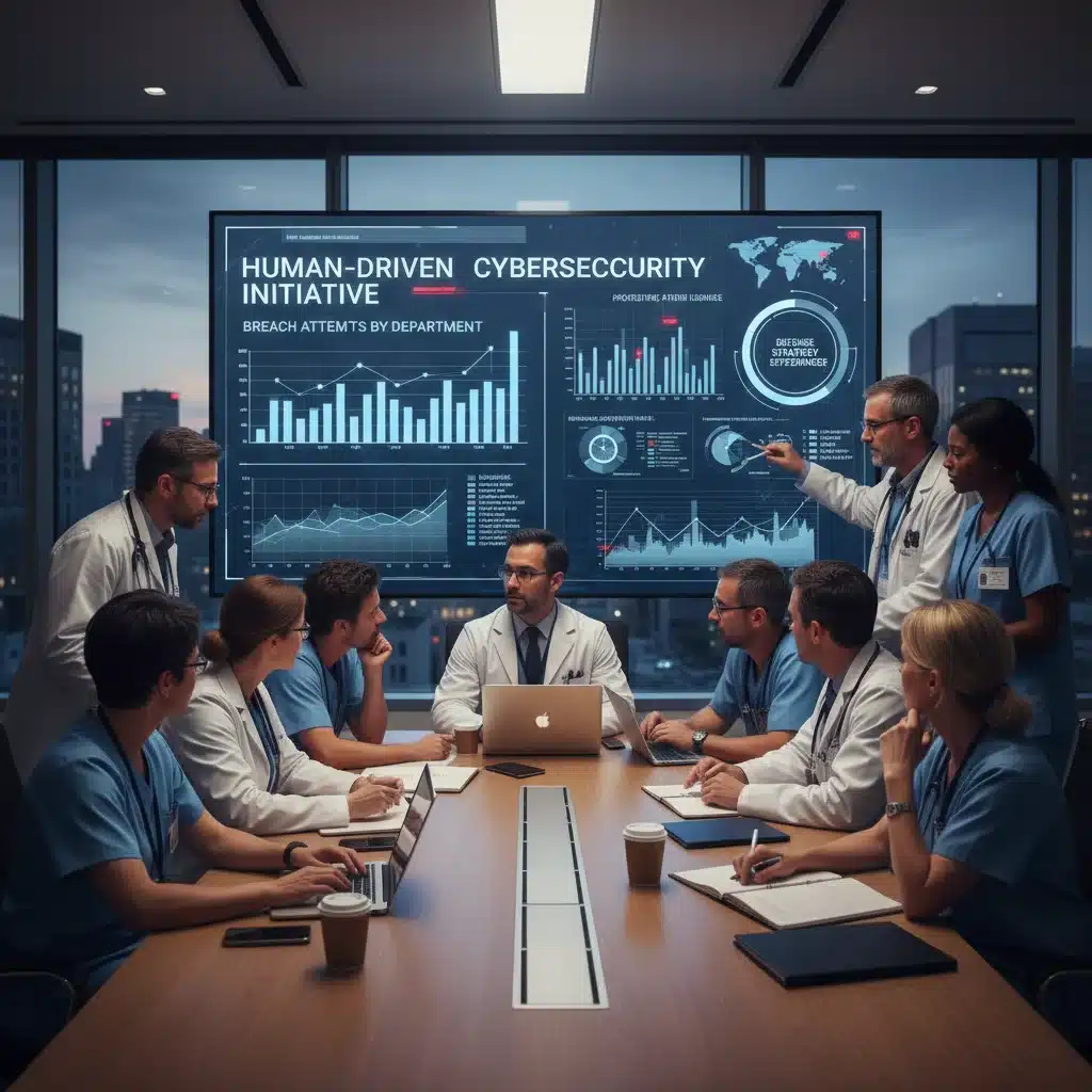Healthcare and IT teams collaborating on cybersecurity