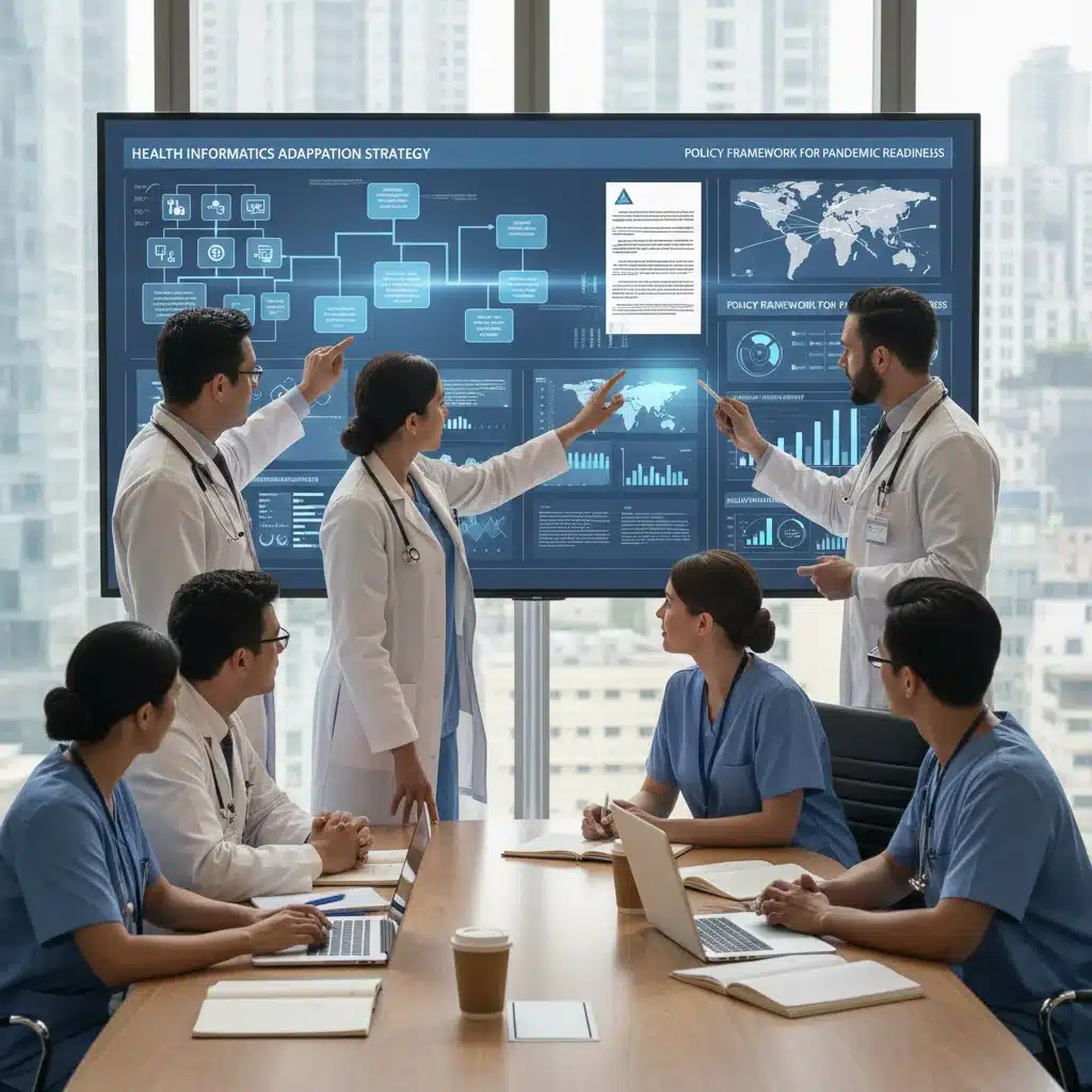 Healthcare professionals collaborating on health informatics and policy adaptation