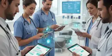 Healthcare professionals using secure messaging platforms on digital devices in a hospital.