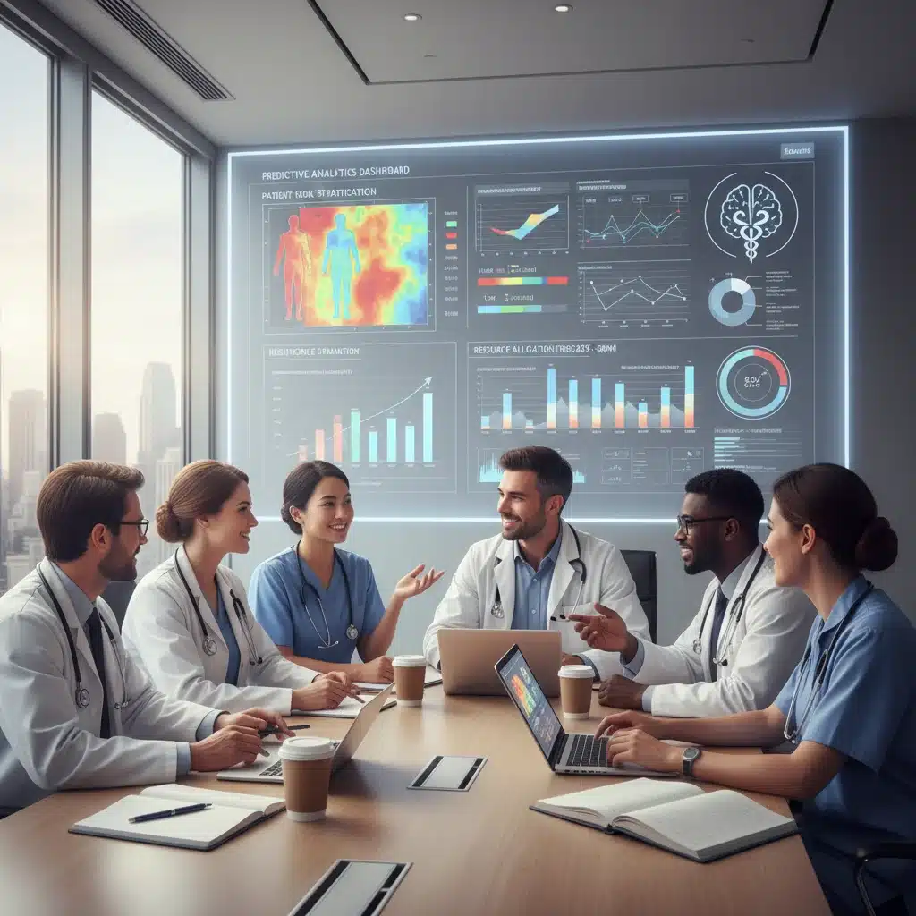 Healthcare team reviewing predictive analytics for patient risk and resource planning