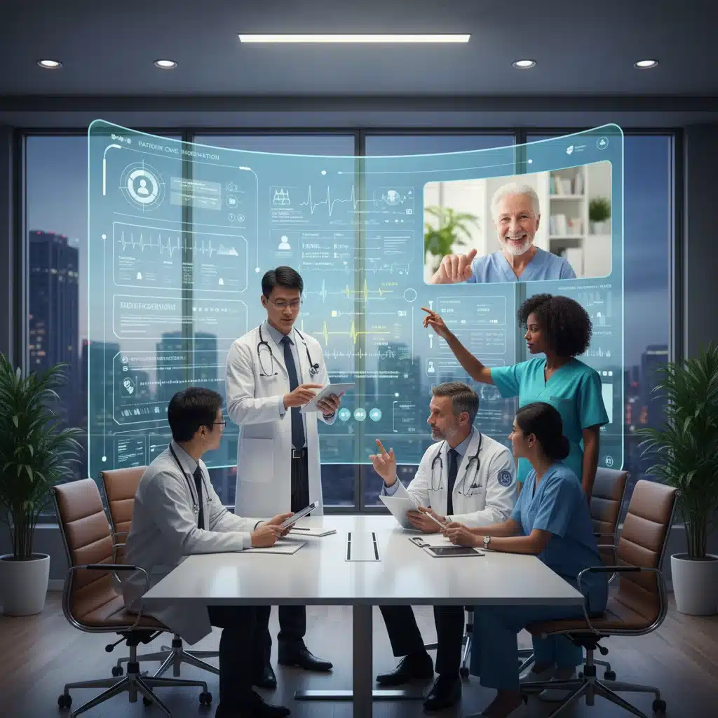 Healthcare professionals collaborating with telehealth technology