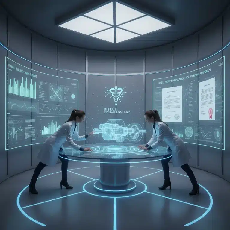 Scientists analyzing high-risk medical device data in a modern lab
