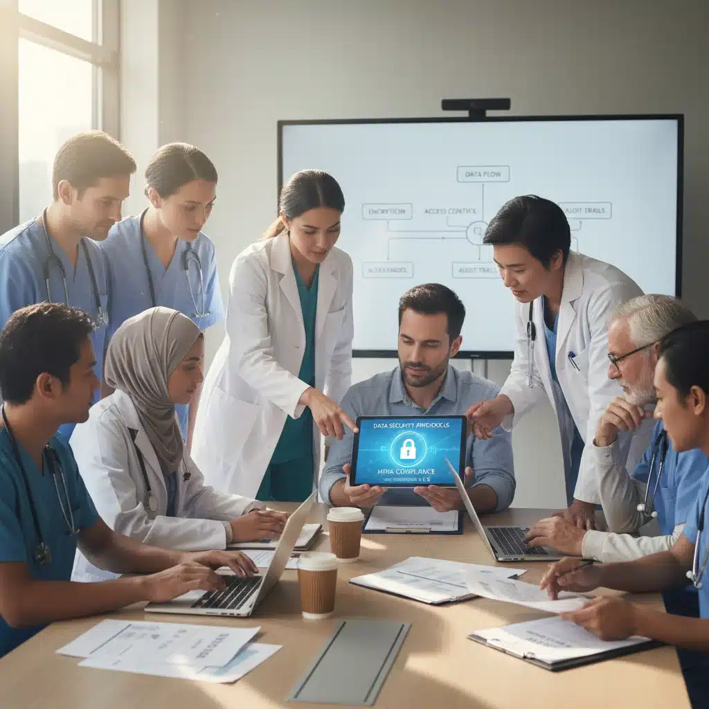 Healthcare and IT teams collaborating on HIPAA compliance training and protocols.