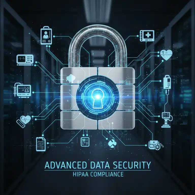Digital padlock securing medical devices and patient data, symbolizing HIPAA compliance.