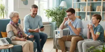 People using various home medical devices in a contemporary home environment, symbolizing independent health management.