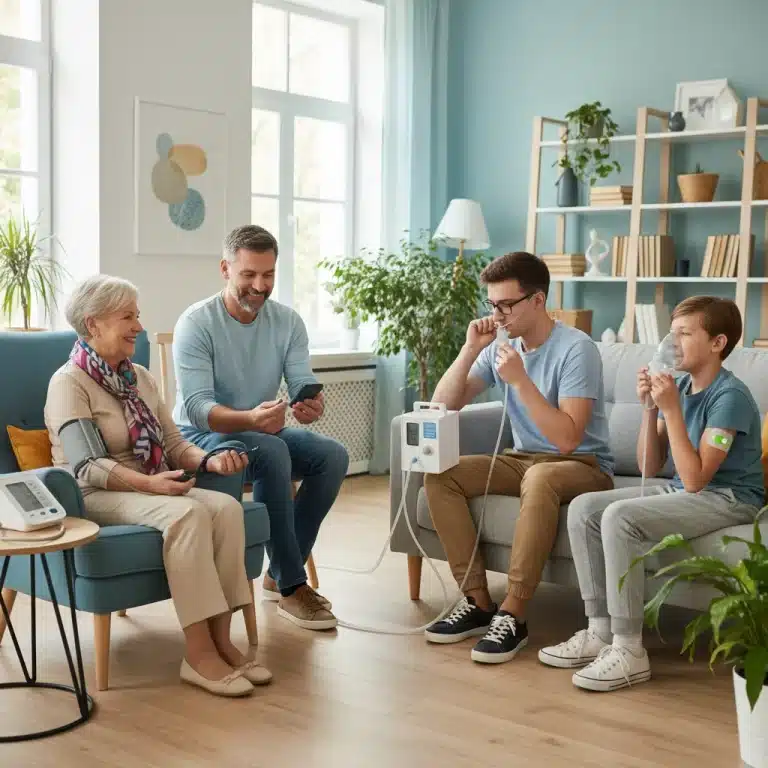 People using various home medical devices in a contemporary home environment, symbolizing independent health management.