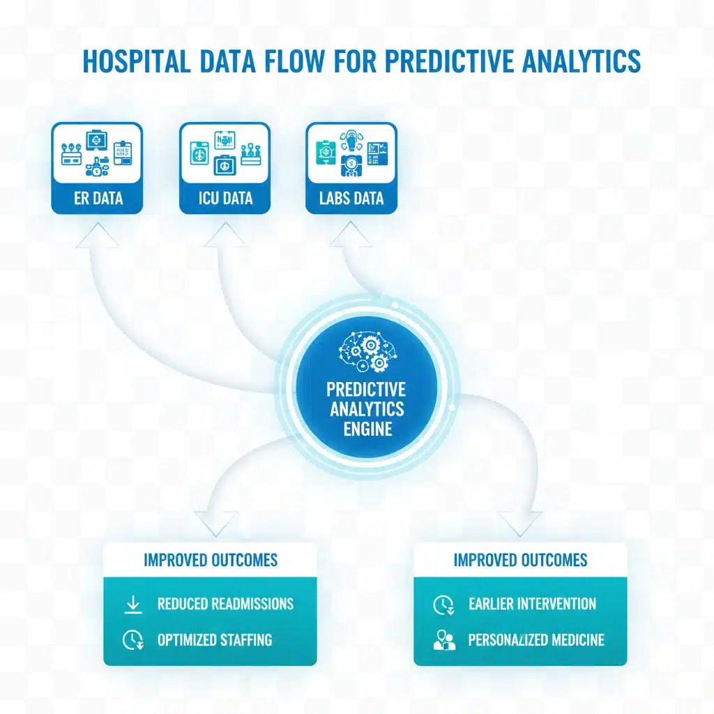 Data flow into predictive analytics engine for hospital optimization