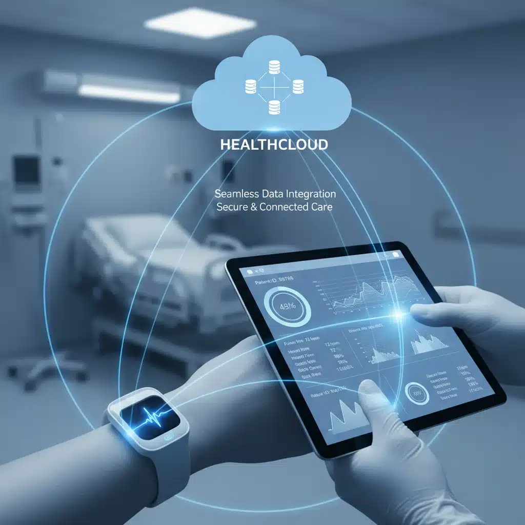 Interconnected medical devices and a tablet showing integrated patient health data.