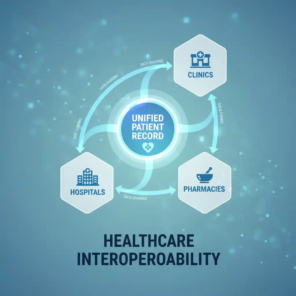 Interconnected healthcare systems sharing patient data, representing enhanced interoperability.