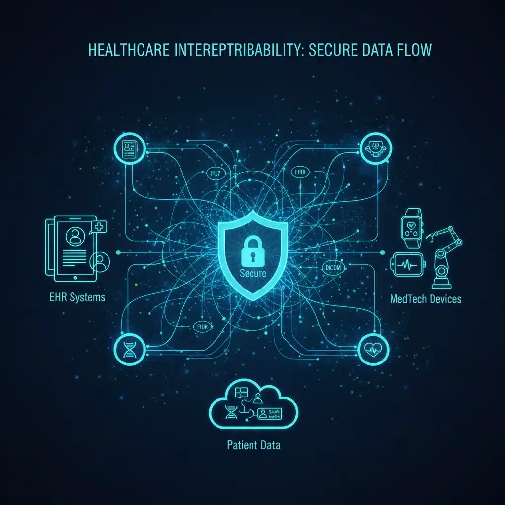 Secure data flow illustrating interoperability between EHRs and MedTech devices