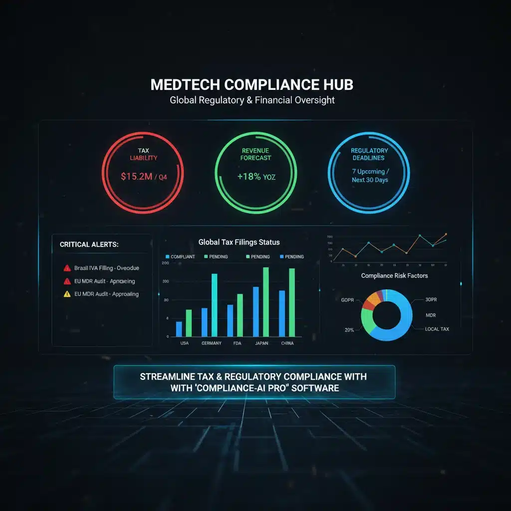 Compliance dashboard showing tax liabilities and regulatory deadlines for medical devices.