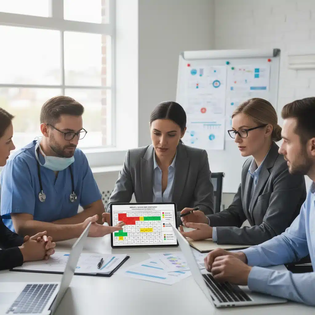 Interdisciplinary team collaborating on medical device risk assessment
