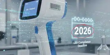 Medical device with UDI barcode and digital data stream, signifying 2026 compliance deadline