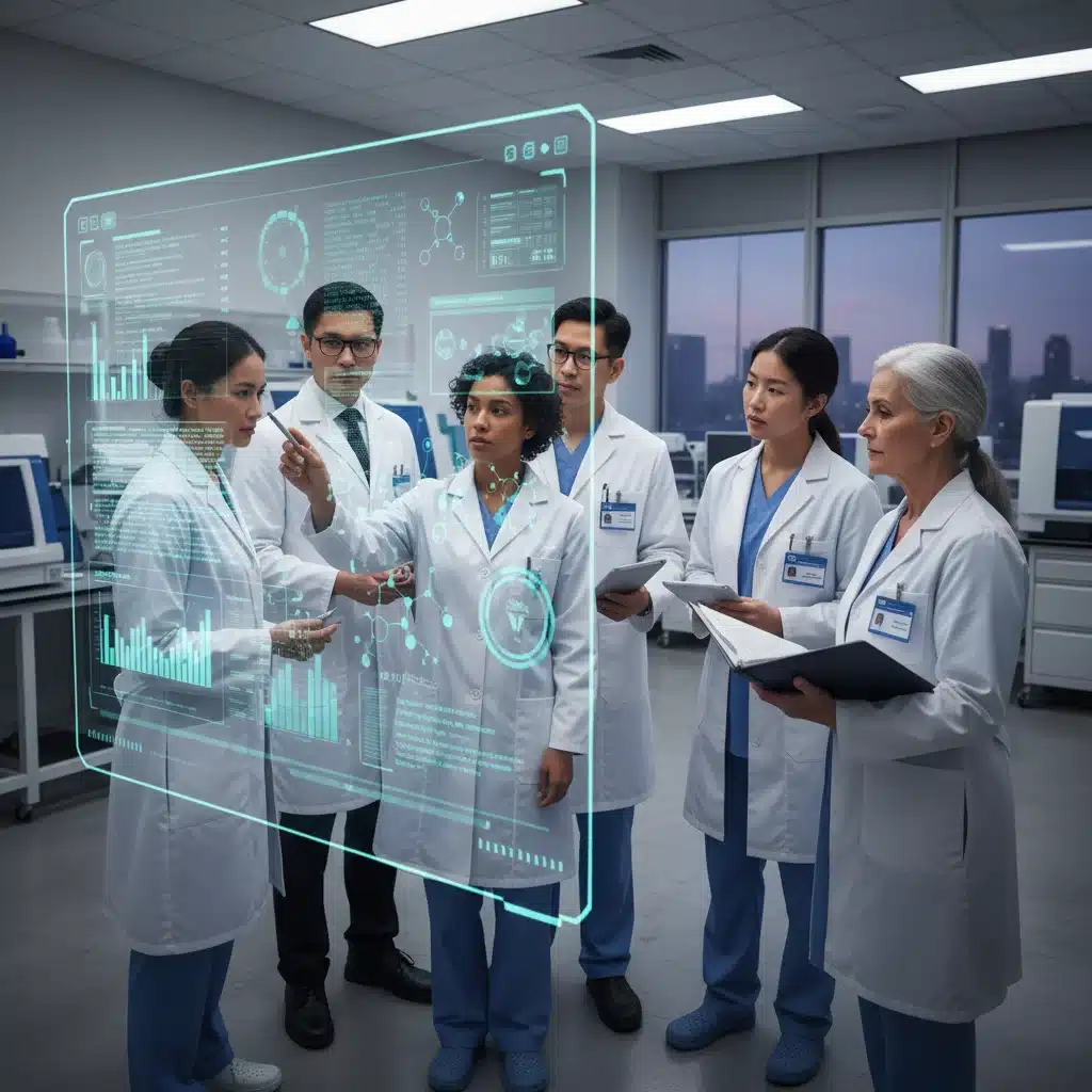 Medical professionals collaborating on CLIA regulatory documents and data