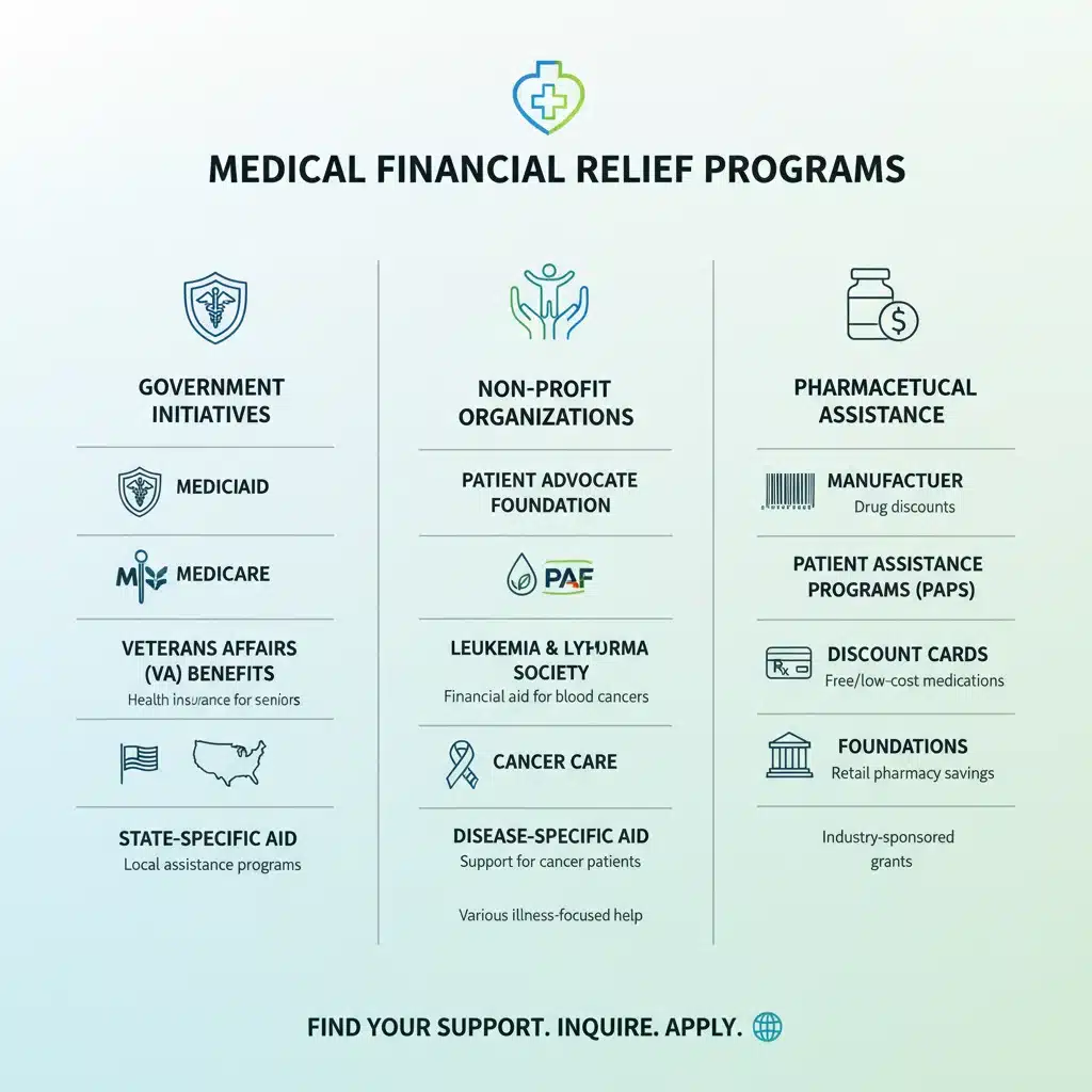 Infographic detailing various medical financial relief programs