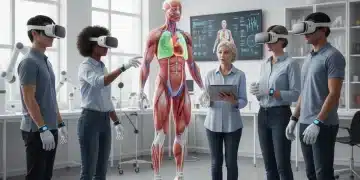 Medical students using VR headsets for advanced surgical training in a university lab setting.