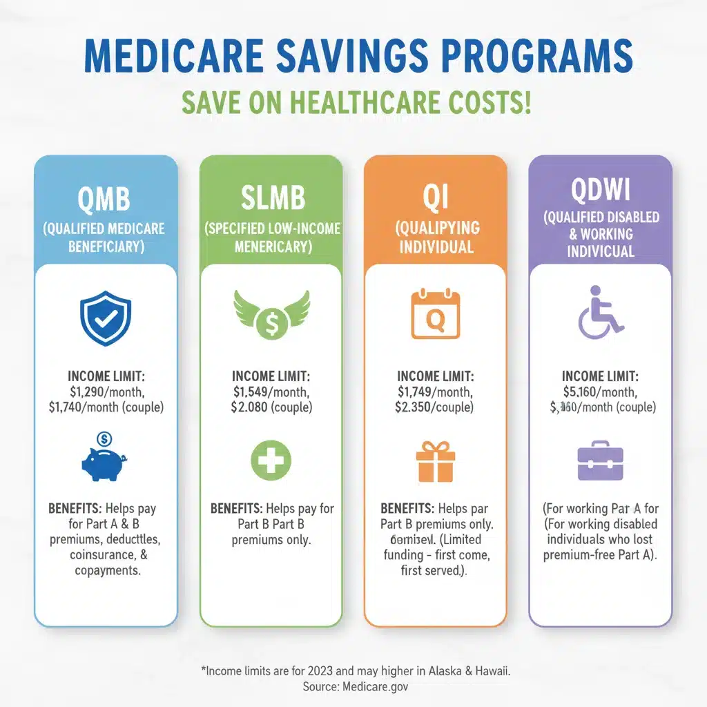 Infographic showing Medicare Savings Programs eligibility and benefits