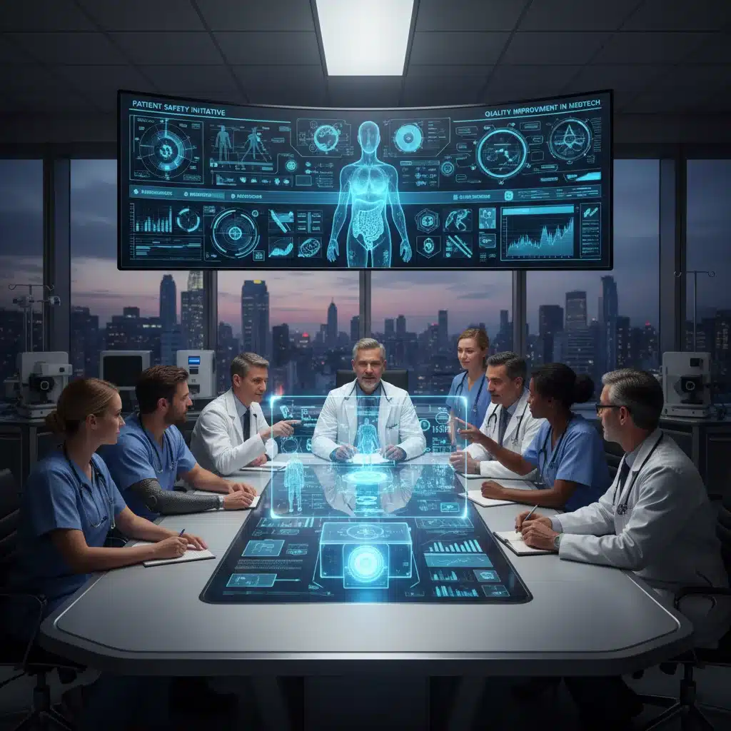 Healthcare professionals and engineers collaborating on data analysis for patient safety and quality improvement in MedTech.