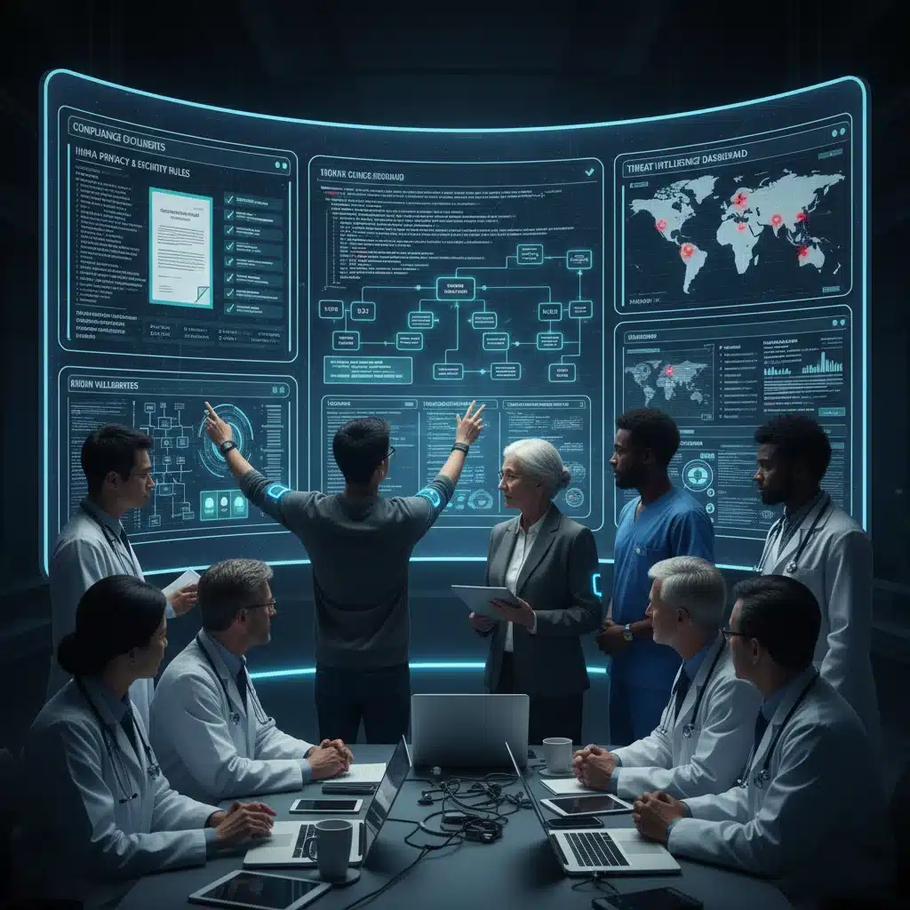 Cybersecurity team collaborating on MedTech compliance and threat intelligence