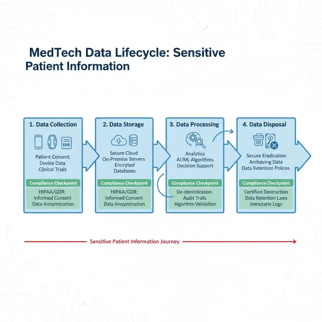 Data lifecycle flowchart for MedTech compliance, showing secure data handling.