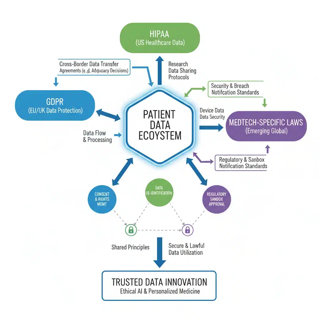 Interconnected data privacy regulations for medical technology compliance.