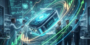 MedTech Investment Surge: $12 Billion Funding Propels Innovation Futuristic medical device with financial growth charts, symbolizing MedTech investment and innovation.