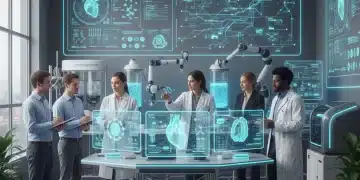 Professionals collaborating in a modern MedTech lab with advanced equipment, symbolizing innovation and learning in healthcare technology.