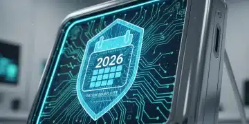 Futuristic medical device with glowing circuits and a shield icon representing the 2026 Patient Safety and Quality Improvement Act's impact on MedTech reporting.