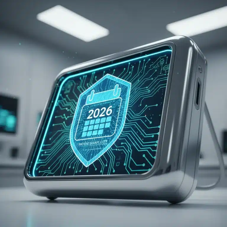 Futuristic medical device with glowing circuits and a shield icon representing the 2026 Patient Safety and Quality Improvement Act's impact on MedTech reporting.