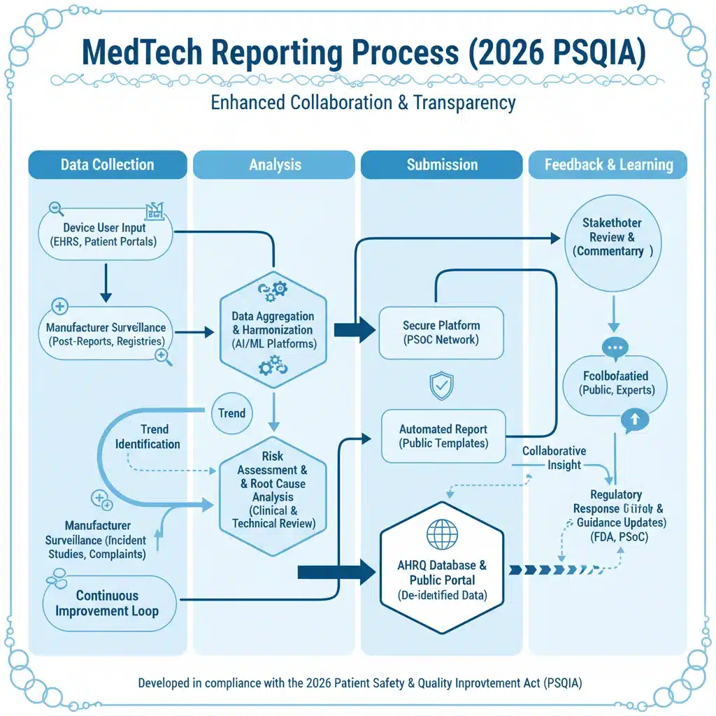 Infographic depicting the streamlined MedTech reporting process under the 2026 Patient Safety and Quality Improvement Act.
