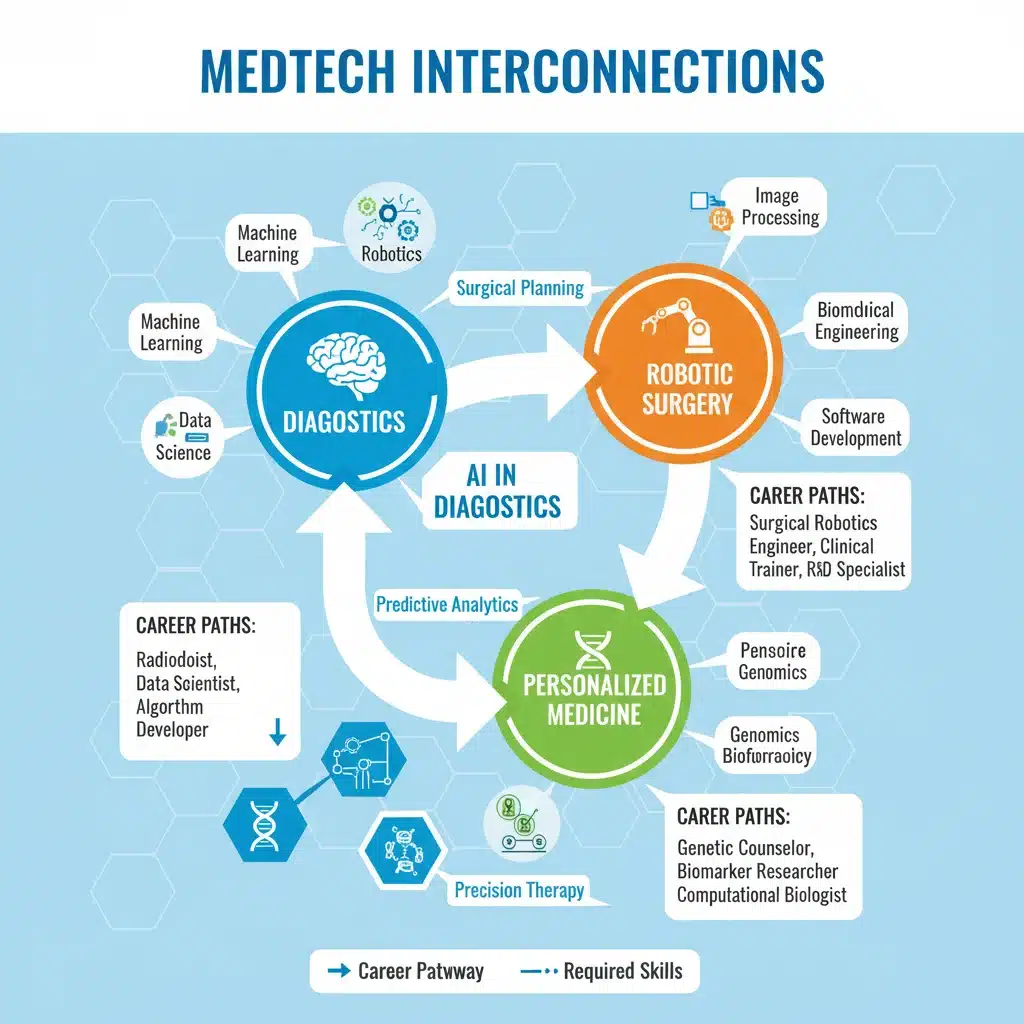 Infographic showing interconnected MedTech specializations, career paths, and required skills for future industry demands.