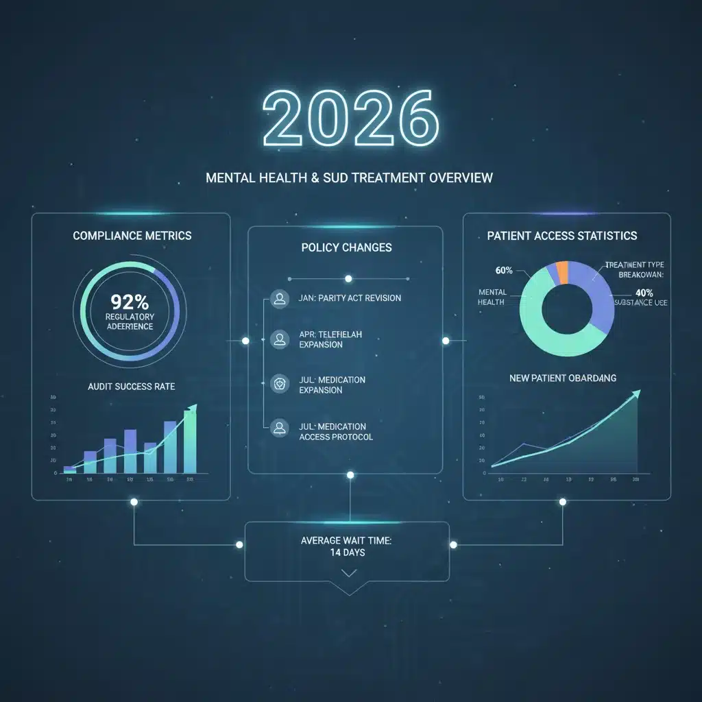 Digital dashboard showing 2026 MHPAEA compliance data and policy impact on patient access.