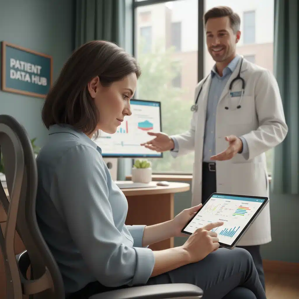Patient reviewing digital health records on a tablet with a doctor, highlighting patient engagement.