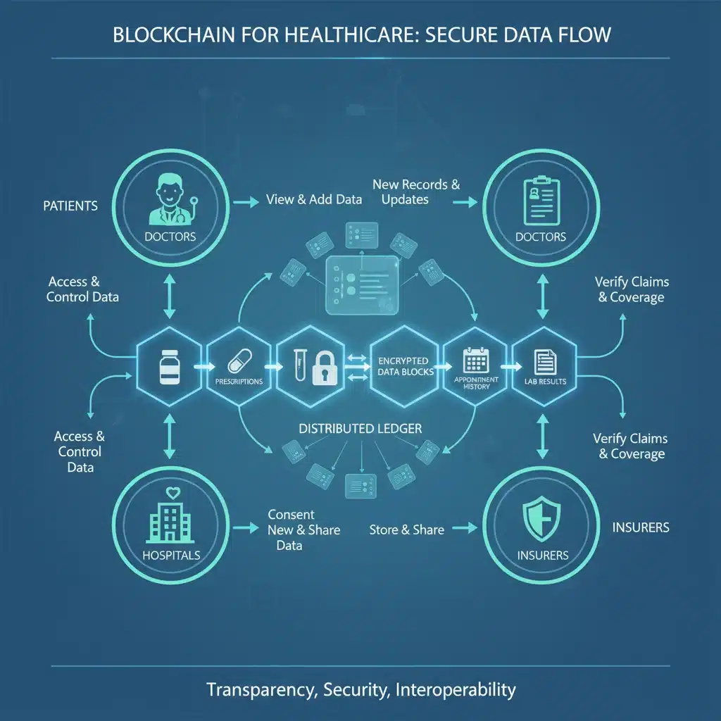 Infographic showing patient data flow on a blockchain in healthcare